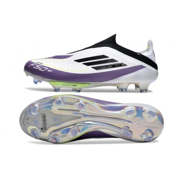 Chaussure Adidas F50 + Laceless FG X Messi Blanc Ftwr Noir Violet Uni