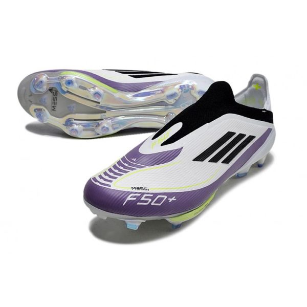 Chaussure Adidas F50 + Laceless FG X Messi Blanc Ftwr Noir Violet Uni