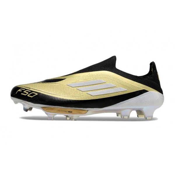 Chaussure Adidas F50 + Laceless FG X Messi Doré Noir Blanc