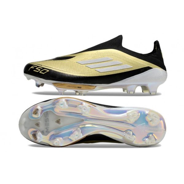 Chaussure Adidas F50 + Laceless FG X Messi Doré Noir Blanc