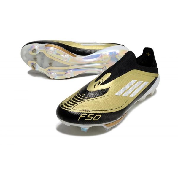 Chaussure Adidas F50 + Laceless FG X Messi Doré Noir Blanc