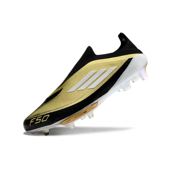 Chaussure Adidas F50 + Laceless FG X Messi Doré Noir Blanc