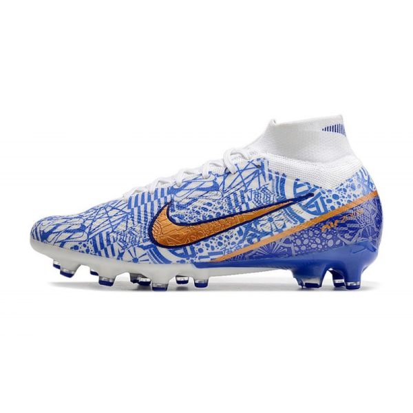 Chaussures Nike Mercurial Superfly 9 Elite AG Blanc Bleu Or
