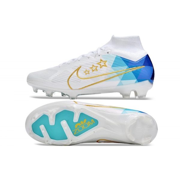 Crampon Nike Zoom Mercurial Superfly IX Elite FG Blanc Bleu Or