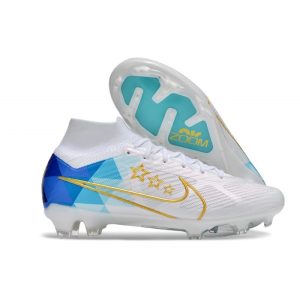 Crampon Nike Zoom Mercurial Superfly IX Elite FG Blanc Bleu Or