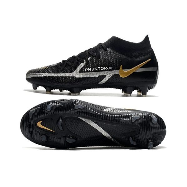 Chaussures Nike Phantom GT2 Elite DF FG Noir Gris Foncé Métallique Or Métallique