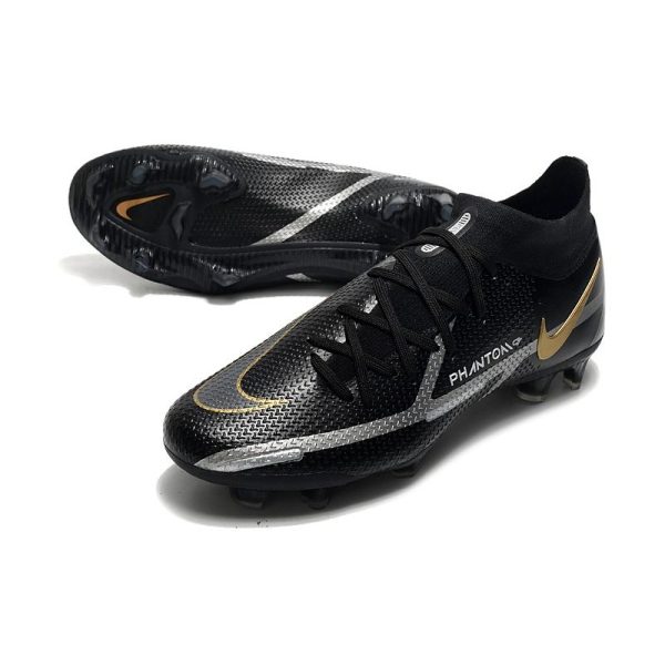 Chaussures Nike Phantom GT2 Elite DF FG Noir Gris Foncé Métallique Or Métallique