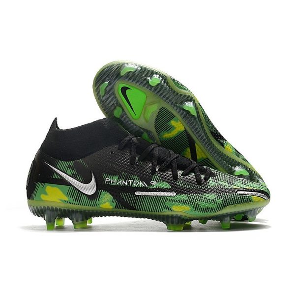 Chaussures Nike Phantom GT2 Elite DF FG Noir Platine Métallique Vert Strike